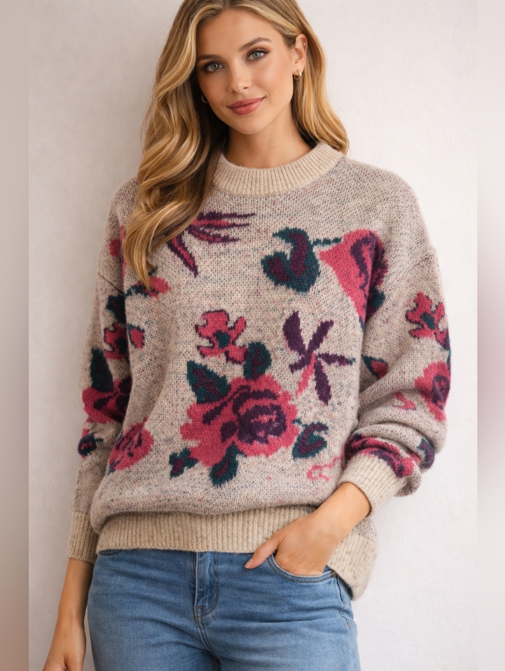 VILA Floral Crewneck Sweater in Cream with Pink & Green Motif